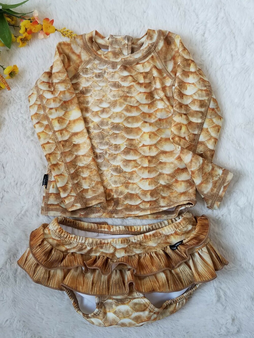 Molo Swim Neena Gold Fishshell UV Rash Guard Ruffled Baby Swim Set